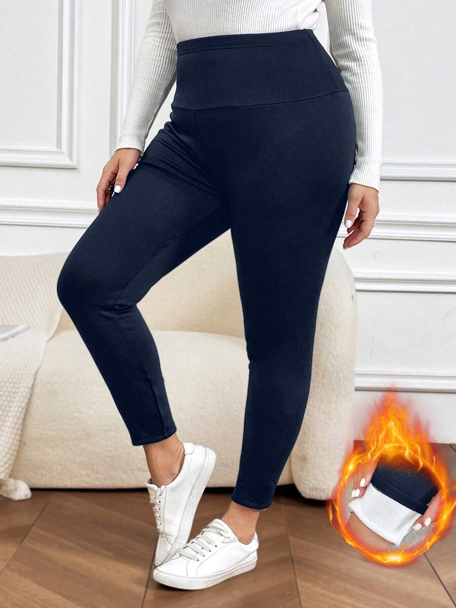 SHEIN LUNE 大码纯色保暖内衬紧身裤 - 藏蓝色 - 查看 1