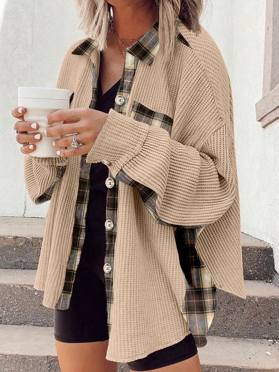 Astylish 菱格拼接鬆餅紋紐扣前開衫襯衫 - 杏色 - 查看 1