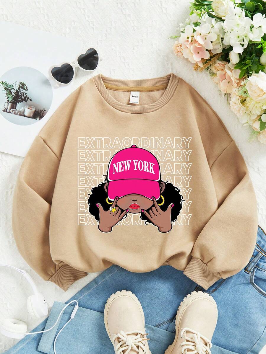 Teen Girls' Casual Cartoon Printed Long Sleeve Sweatshirt Suitable For Autumn And Winter - Khaki - View 1