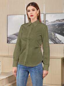 Mulvari 女性通勤長袖襯衫 - 軍綠色 - 查看 3