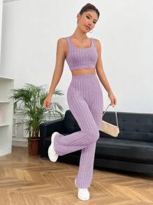 SHEIN EZwear Của phụ nữ Dệt kim Sọc Hai Dây Và Quần Áo liền quần - Màu Lilac Tím - Xem 1