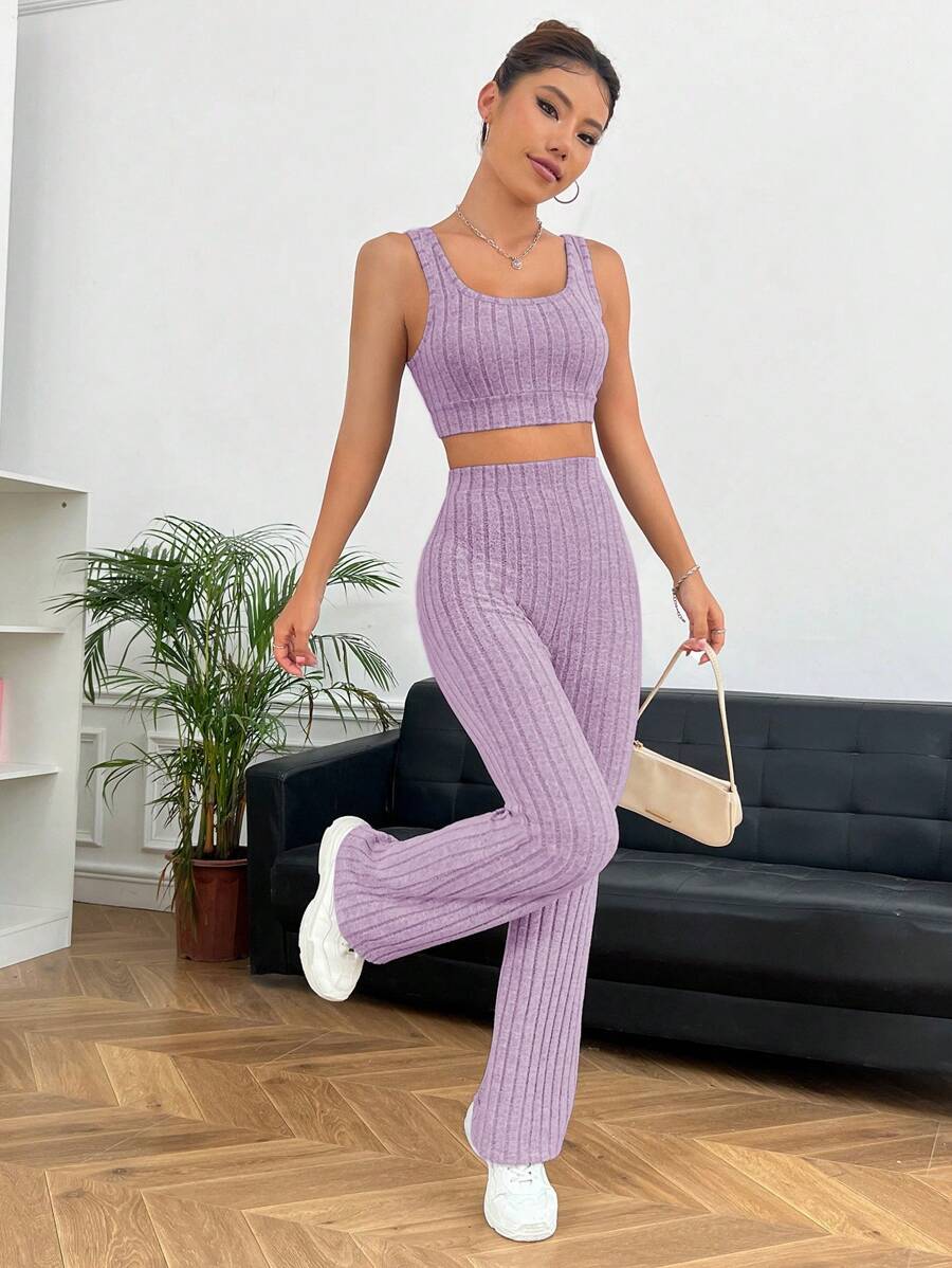 SHEIN EZwear Của phụ nữ Dệt kim Sọc Hai Dây Và Quần Áo liền quần - Màu Lilac Tím - Xem 1
