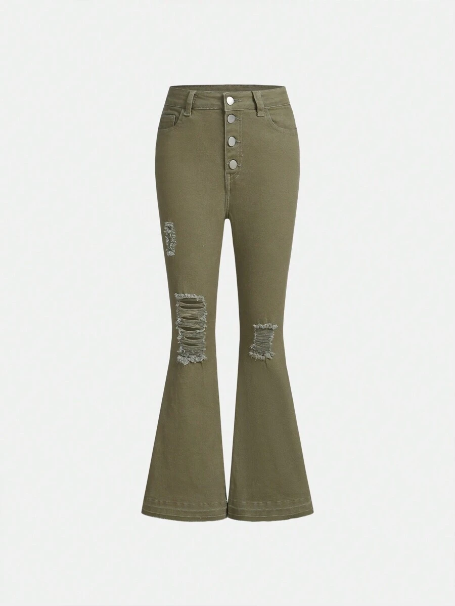 Cô gái Tween Cơ bản Giải trí Màu xanh lá Cắt dán Rách Denim Quần loe Với Mặt trước có nút Cho mùa xuân - Màu xanh Ô liu - Xem 1