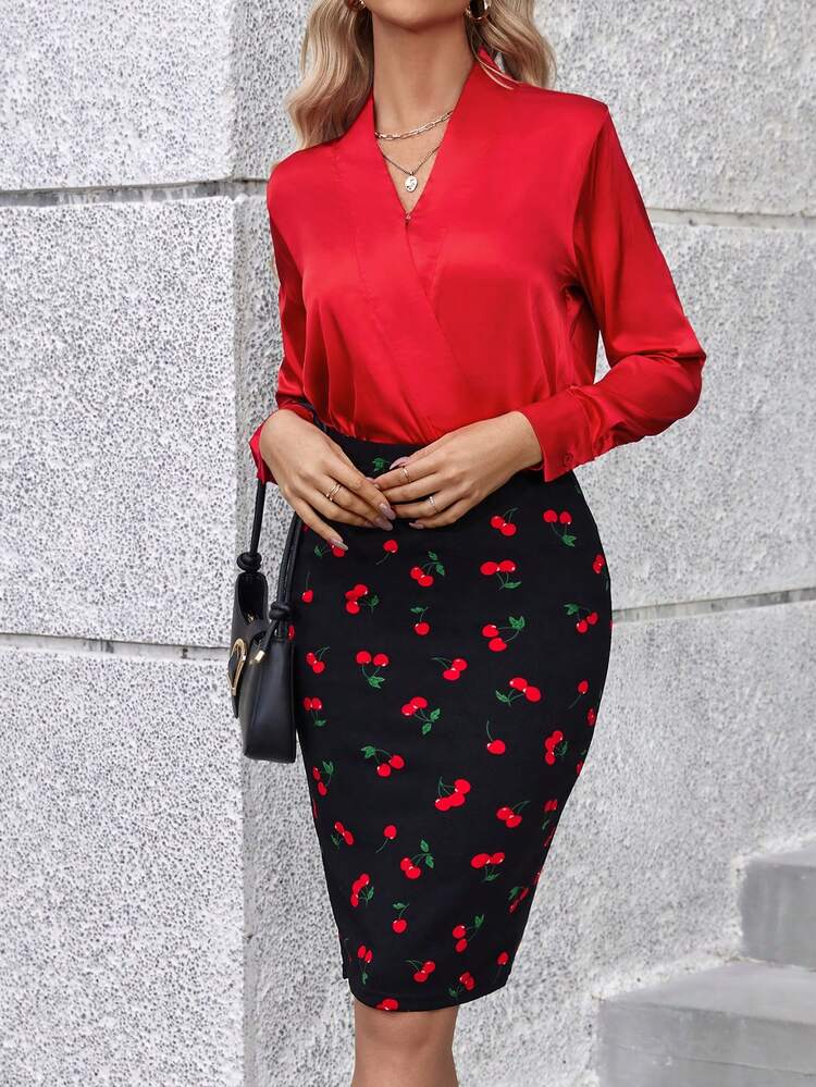 SHEIN Clasi 女士櫻桃印花拼接交叉領雙件套裝 - 彩色 - 查看 5