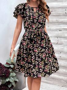 SHEIN Clasi 女士鑰匙孔領口花卉印花裙 - 彩色 - 查看 4