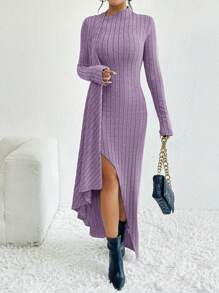 SHEIN Privé 女款側開衩長袖羅紋洋裝 - 淡紫色 - 查看 3