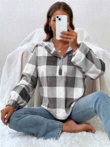 Buttoned Half-Placket Gingham Flannel Hoodie - Grey - View 1