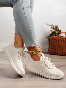 Women's Casual Sports Shoes, Breathable Decorated With Shoelaces, Beige Flat Shoes For Spring And Autumn - Beige - View 3