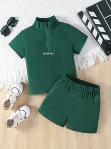 SHEIN 2pcs/Set Fashionable And Handsome Young Boys Simple Stand Collar Zipper Short Sleeve Top And Shorts, Casual
