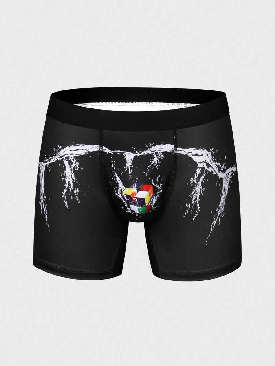 男士立方體圖案印花平口內褲 - 黑色 - 查看 1