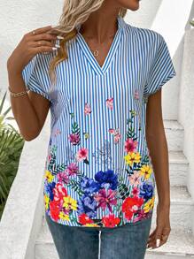 EMERY ROSE Quý cô Sọc Hoa In tay cánh Áo sơ mi - Màu xanh lam - Xem 1