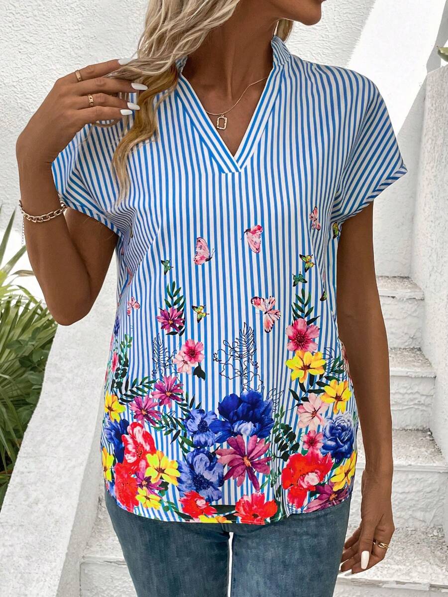 EMERY ROSE Quý cô Sọc Hoa In tay cánh Áo sơ mi - Màu xanh lam - Xem 1