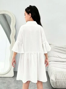 SHEIN 少女街頭風漫畫印花寬鬆短袖襯衫裙,適用於春夏季節 - 白色 - 查看 2