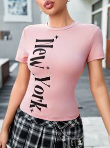 Muchica Áo thun nữ cổ tròn tay ngắn in chữ đơn giản thoải mái - Hồng - Xem 5