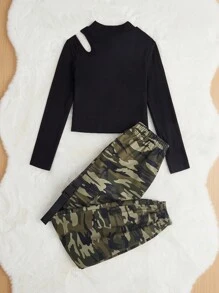 Tween Girl Casual Hollow Out T-Shirt And Camouflage Cargo Pants Set