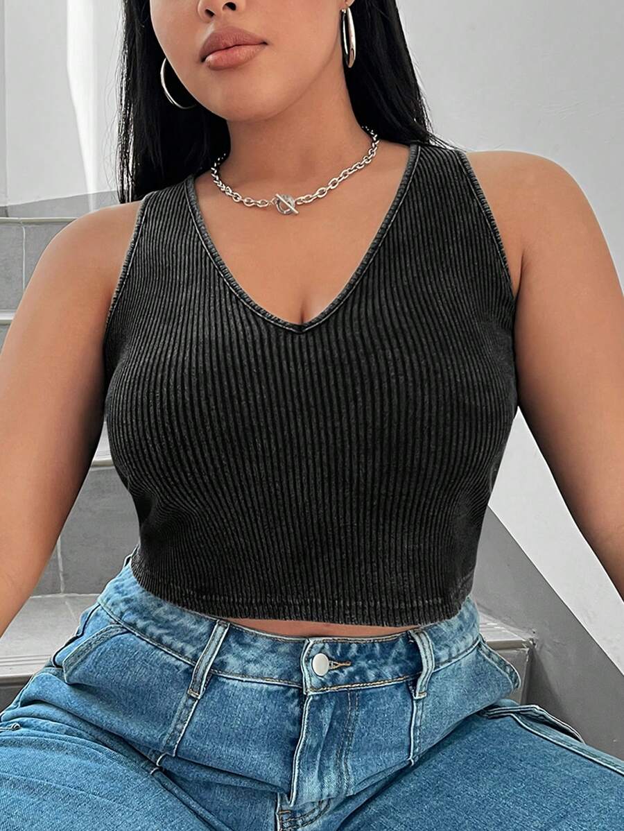 SHEIN EZwear 女士加大號貼身短款背心 - 黑色 - 查看 1