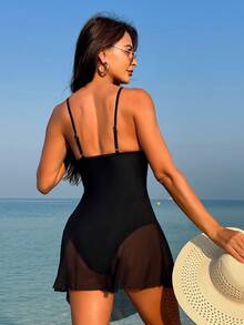 SHEIN Swim Women'S One-Piece Swimsuit With Mesh Knot Detailing On The Chest Music Festival - Black - View 3