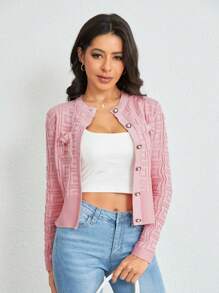 SHEIN Clasi 幾何圖案前紐扣開襟衫 - 粉色 - 查看 3