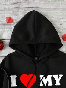 SHEIN EZwear Áo nỉ có mũ trùm đầu in hình trái tim khẩu hiệu "Tôi yêu bạn trai tôi" cỡ lớn dành cho nữ, phù hợp cho mùa thu đông, ngày lễ tình nhân - màu đen - Xem 4