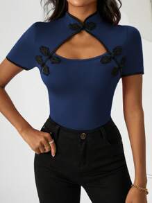 SHEIN Privé 女式旗袍風立領露背連身衣,綁扣設計 - 藍色 - 查看 5