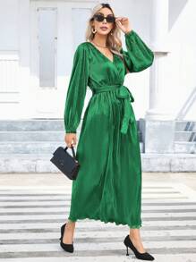 SHEIN Privé Women's Solid Color Lantern Sleeve Wrap Belted Dress