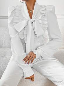 SHEIN Privé 女款長袖衫,多層荷葉邊緣,蝴蝶結細節和泡泡袖 - 白色 - 查看 1