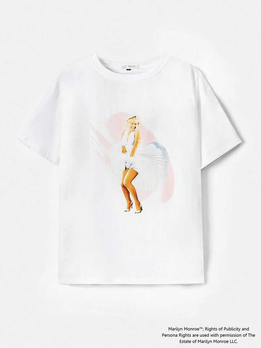 Marilyn Monroe X SHEIN Plus Size Casual Figure Print Short Sleeve T-Shirt, Suitable For Summer - White - View 1