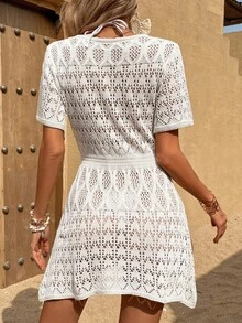 Women's V-Neck Long Hollow Out Tunic Dress (Floral Pattern Random) - Beige - View 2