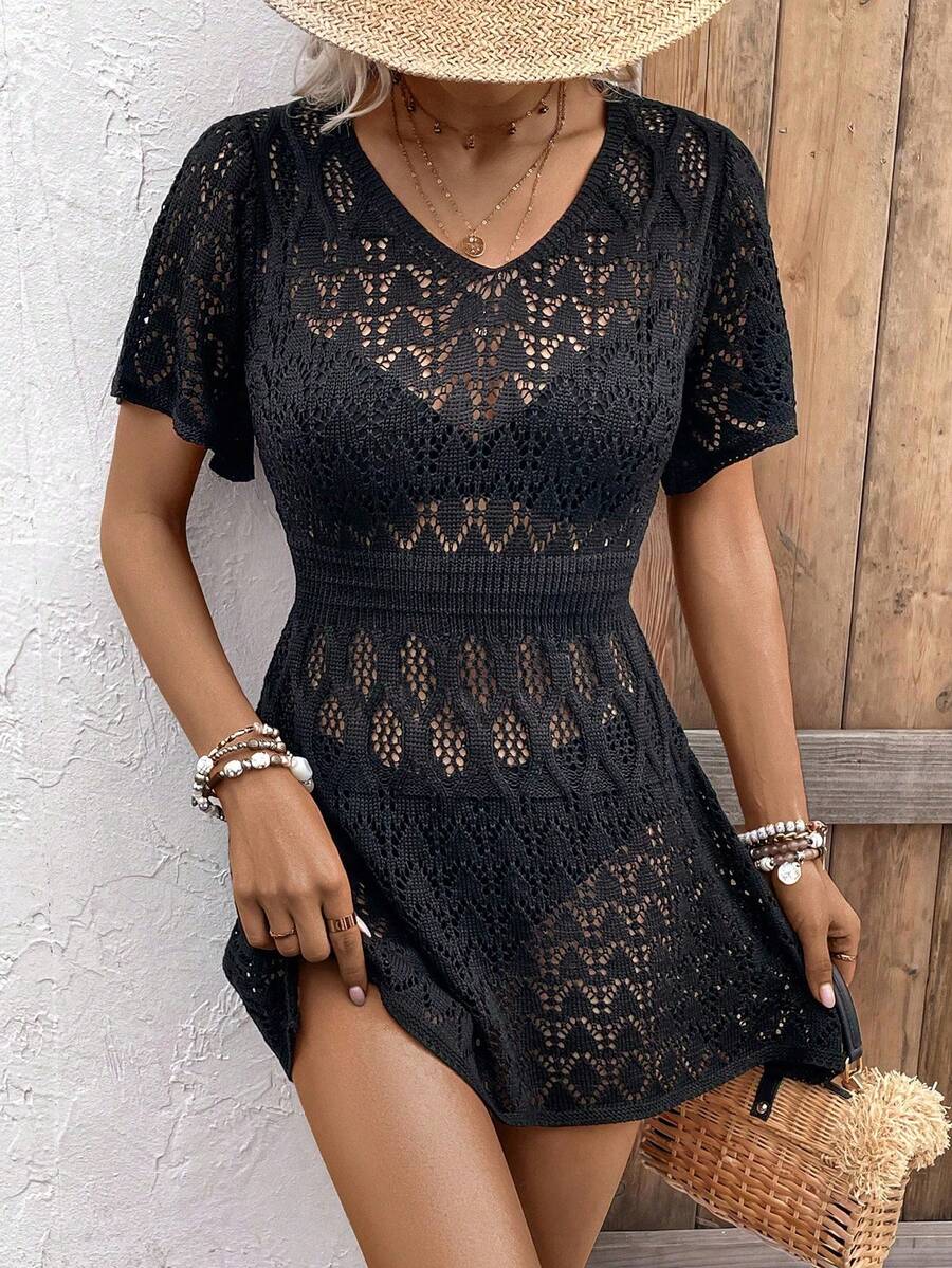 女士 V 领镂空长款罩衫连衣裙 (图案随机) - 黑色 - 查看 1