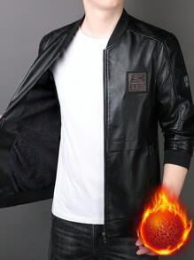 男士字母設計拉鍊前短毛絨夾克,帶徽章細節 - 黑色 - 查看 1