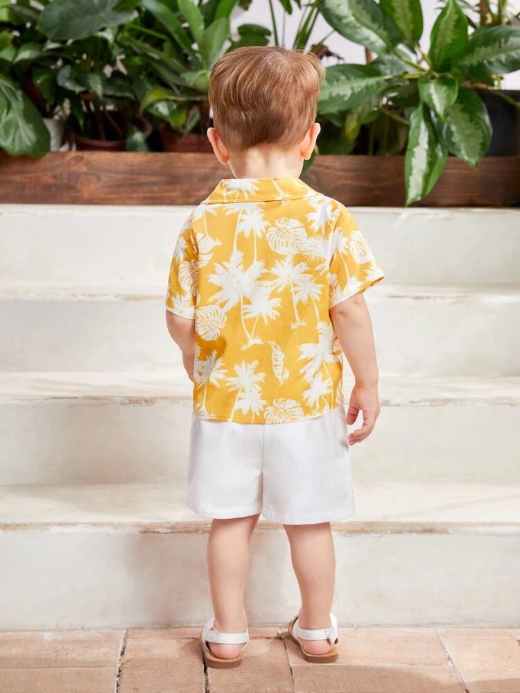 Unisex Baby Coconut Tree Patterned Turn-Down Collar Short Sleeve Top And Solid Shorts Set
