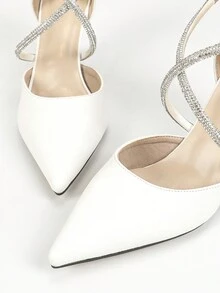 Pointed Toe Chunky Heels Women's High Heels 2024 Spring Autumn New Hollow Out Rhinestone Buckle Strap Shoes All-Match Women's Shoes - White - View 5