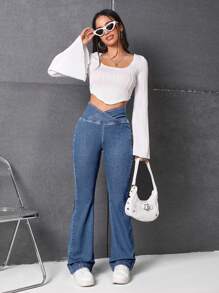 SHEIN EZwear Women'S High Waisted Flare Jeans - Light Wash - View 4