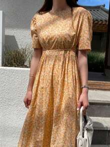 DAZY 女士短袖圆领碎花连衣裙田园风连衣裙吊带裙度假装 - 亮橙色 - 查看 8