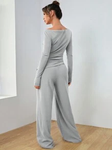 SHEIN EZwear Dệt kim Của phụ nữ Tay áo dài Áo thun Và Quần Bộ - Màu Xám nhạt - Xem 2