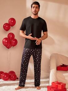 Valentine's Day Men's Letter Print Short Sleeve Top & Heart Print Pants Pajama Set - Black and White - View 7