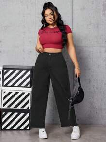 CovetEZ 大尺碼純色直筒牛仔褲 - 黑色 - 查看 5