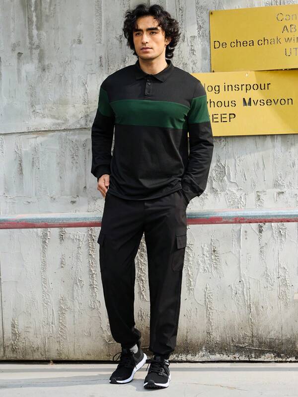 Manfinity Running Ensemble de survêtement style boyfriend pour hommes, Top à demi-boutons color block et pantalon de jogging. Ensemble de sport, tenue d'entraînement, survêtement, ensemble de sweats, ensemble de jogging, ensemble de gym pour hommes en 2 pièces