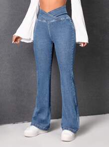 SHEIN EZwear Women'S High Waisted Flare Jeans - Light Wash - View 5