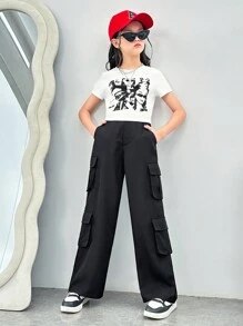 SHEIN Set de pantaloni procesați și top cu mânecă scurtă, tricot, cu gât rotund, îmbrăcăminte de stradă sport pentru fete