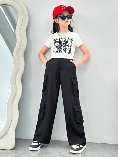 SHEIN Tween 女孩運動街頭服飾針織圓領短袖上衣和加工褲子套裝