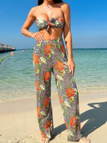 SHEIN Swim Women'S Three Piece Set Plant & Leopard Printed Bandeau Bikini Summer - Multicolor - View 4