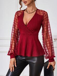 SHEIN Clasi 格紋網紗燈籠袖肋編針織上衣 - 酒紅色 - 查看 4