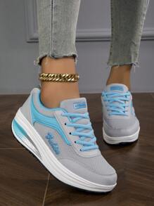 Women's Comfortable Lace-Up Gold Pattern Anti-Slip Wedge Sneakers - Grey - View 2