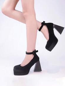 童話風格女鞋：防水平台絲絨珍鞋,厚底粗跟適用於春秋季節 - 黑色 - 查看 1