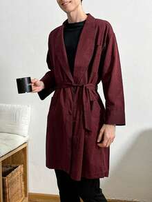 RueChic Bata De Manga Larga Con Cuello De Solapa Para Hombre - Burdeos - Ver 4