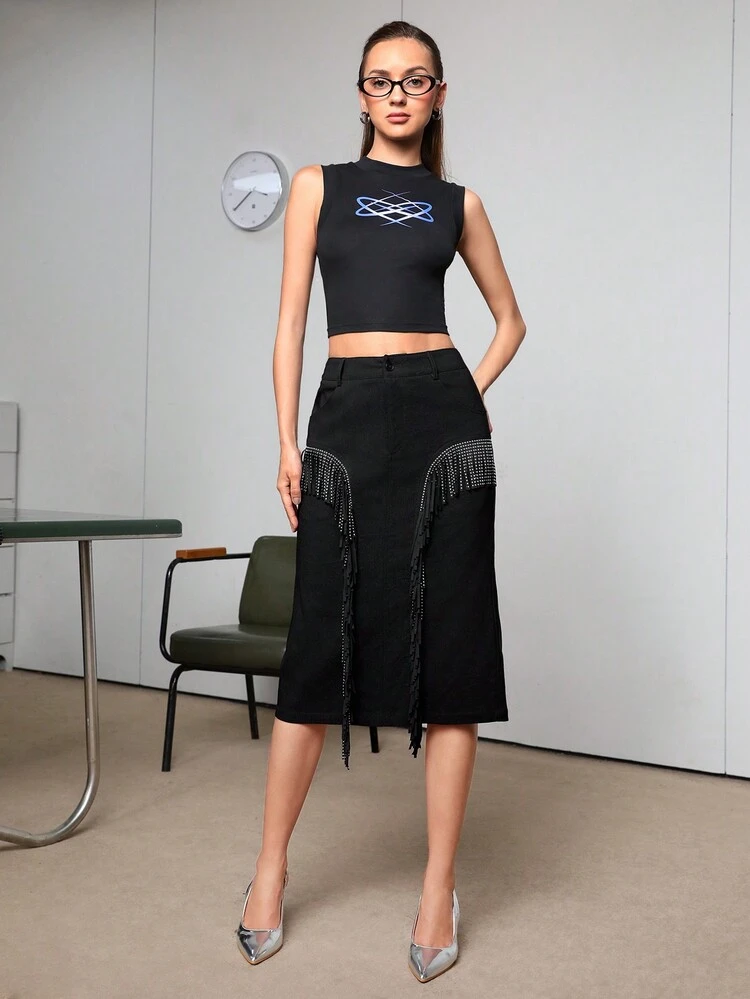 Women'S Rivet & Tassel Decorated Diagonal Pocket Skirt