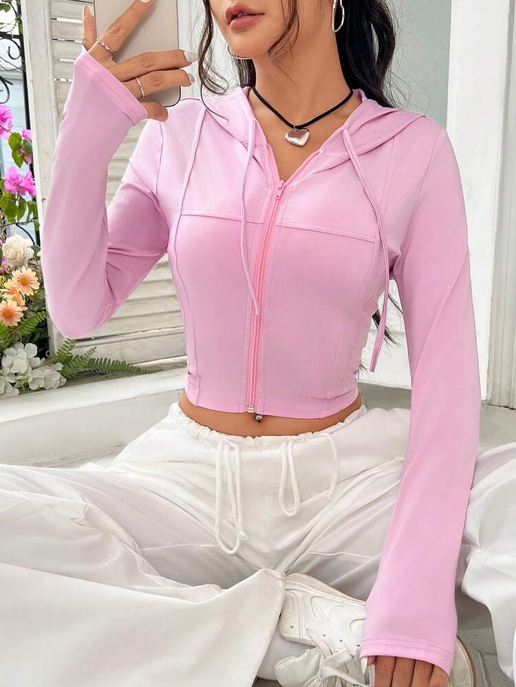 SHEIN EZwear 拉鍊式短版修身連帽衫 - 粉色 - 查看 3