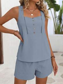 Breezaya 女士方領無袖背心和短褲套裝 - 霧霾藍 - 查看 4