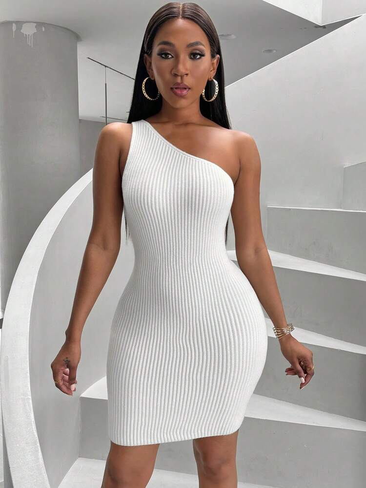 Women's Solid Color Asymmetric Collar Sweater Dress